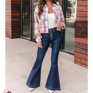 WHITNEY BUTTON FRONT DARK WASH FLARE SUPER SOFT STRETCH COMFORT HIGH RISE JEANS